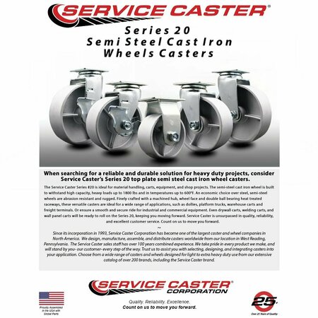 Service Caster 5'' Semi Steel Cast Iron Swivel Caster Set with Bronze Bearings 2 Brakes, 4PK SCC-20S520-SSBZ-2-TLB-2